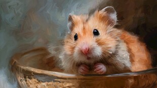 画中萌态仓鼠坐于篮中