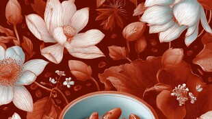 中式花卉背景下的精致碗物