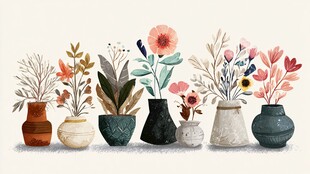 手绘多彩花瓶中的花卉组合