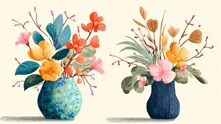 两花瓶插满多彩花卉