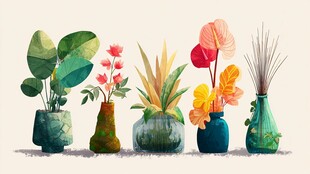 多彩花瓶中的别致盆栽