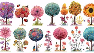 多彩梦幻树木花卉插画