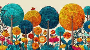 梦幻多彩森林花卉插画