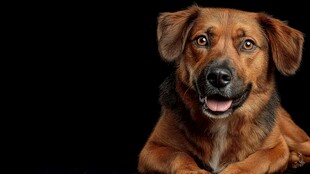 可爱棕犬趴卧黑背景前