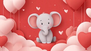 小象置身爱心气球梦幻场景