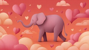 粉色大象漫步爱心云朵间
