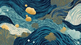 梦幻蓝金海浪插画