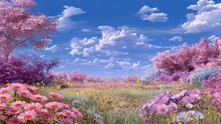 梦幻粉紫花海蓝天美景