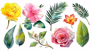 水彩花卉与绿叶素材集合
