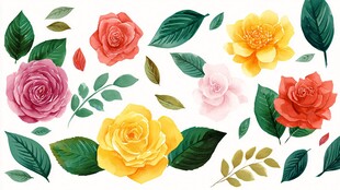 多彩手绘玫瑰与绿叶元素