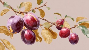 枝头紫李水彩绘