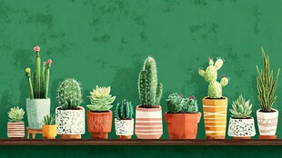 一排可爱的多彩仙人掌盆栽