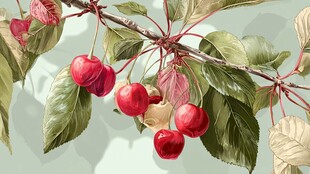 枝头红樱桃与翠绿叶片