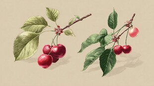 手绘樱桃枝叶果实图