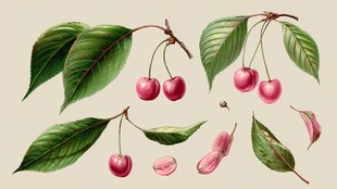 复古风樱桃枝叶果实插画