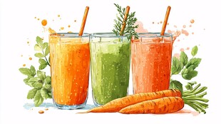 三杯鲜榨蔬果汁与胡萝卜
