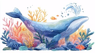 水彩风海底鲸鱼梦幻景象