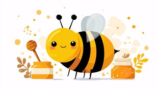 可爱蜜蜂与蜂蜜罐插画