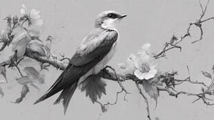 花鸟黑白绘 静栖花枝的鸟