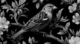 黑白花鸟图 雀栖繁花间