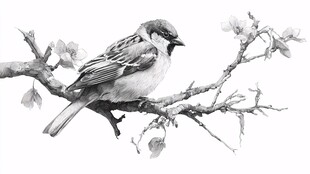 枝头麻雀素描图