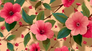 粉色花卉绿叶无缝图案