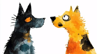 对视的黑猫与黄狗