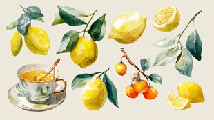 水彩绘柠檬与茶饮静物图