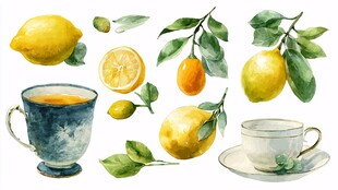 水彩绘柠檬与茶饮组合