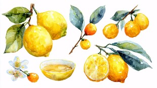 水彩绘柠檬柑橘果实组图