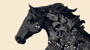 水墨花卉马头艺术插画