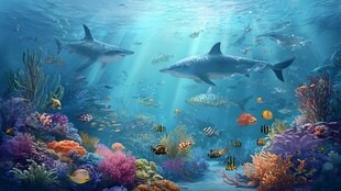 梦幻海底鲨鱼与多彩珊瑚