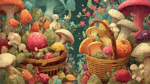 奇幻蘑菇园的缤纷采摘场景