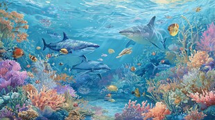 梦幻海底世界的海豚与珊瑚