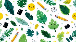 童趣文具绿叶无缝背景图