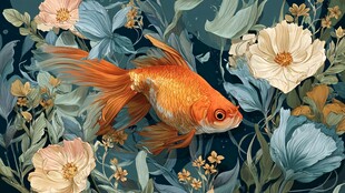 金鱼游弋于繁花绿叶间