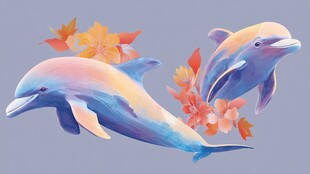 梦幻海豚与缤纷花朵相伴