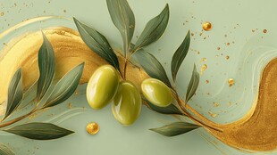 橄榄枝叶与金色流体插画