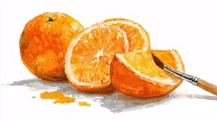 水彩绘鲜橙与画笔