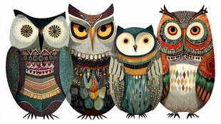 四只多彩猫头鹰的艺术形象