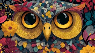 多彩猫头鹰插画 花卉环绕