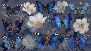 蓝蝶白花梦幻插画