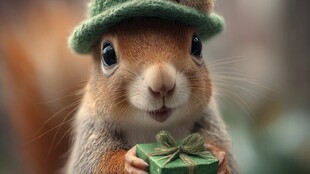 戴帽松鼠捧礼盒超萌瞬间