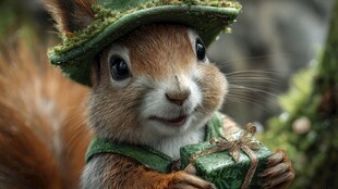 戴帽松鼠捧礼盒超萌瞬间