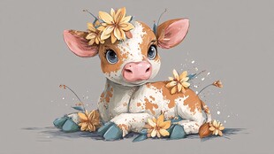 可爱花饰小牛插画