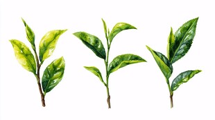 水彩绘嫩绿茶叶三株