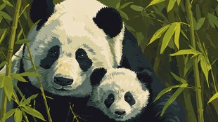 熊猫母子依偎于竹林间