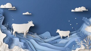 蓝调纸艺风田园牛景图