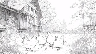 乡村小屋旁的悠闲鸡群