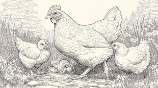 母鸡与雏鸡的田园画面